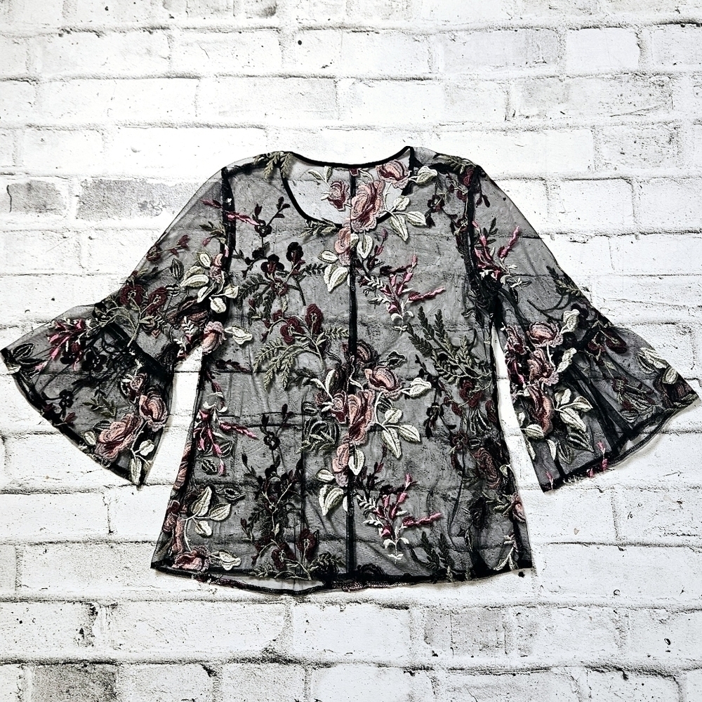 Solitaire Black Sheer Floral Embroidered Bell Sleeve Blouse